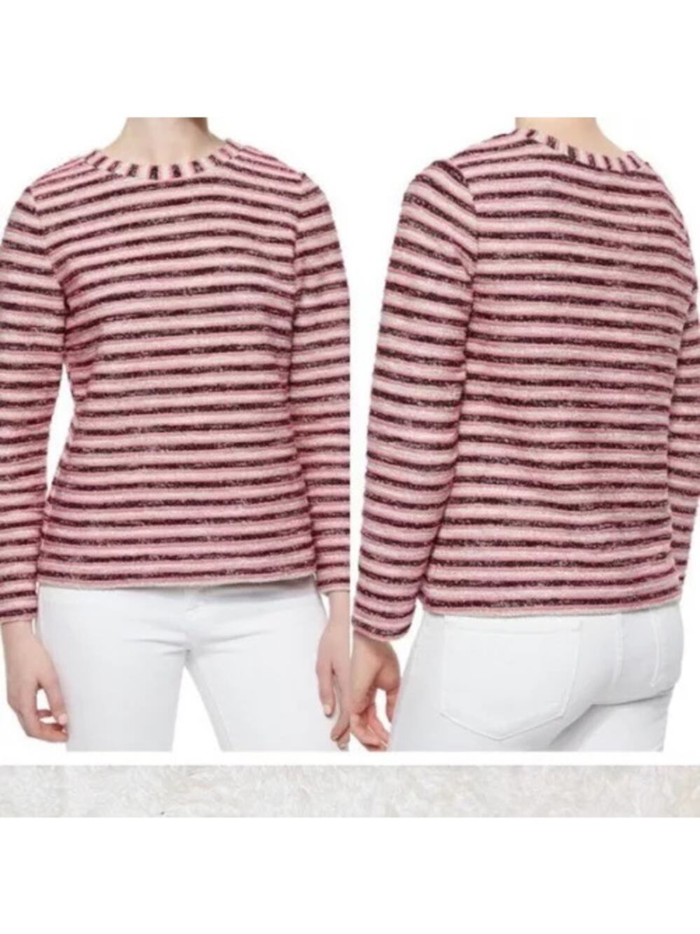 Tory Burch Women's Size Medium Cream & Pink Striped Nubby Terry Knit Sweater